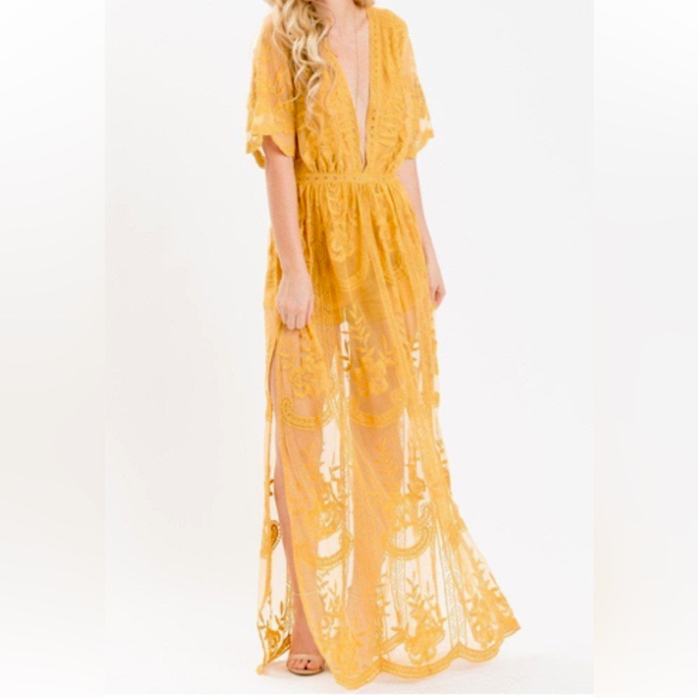 Mila Lace Maxi Gold V-Neck Jumpsuit